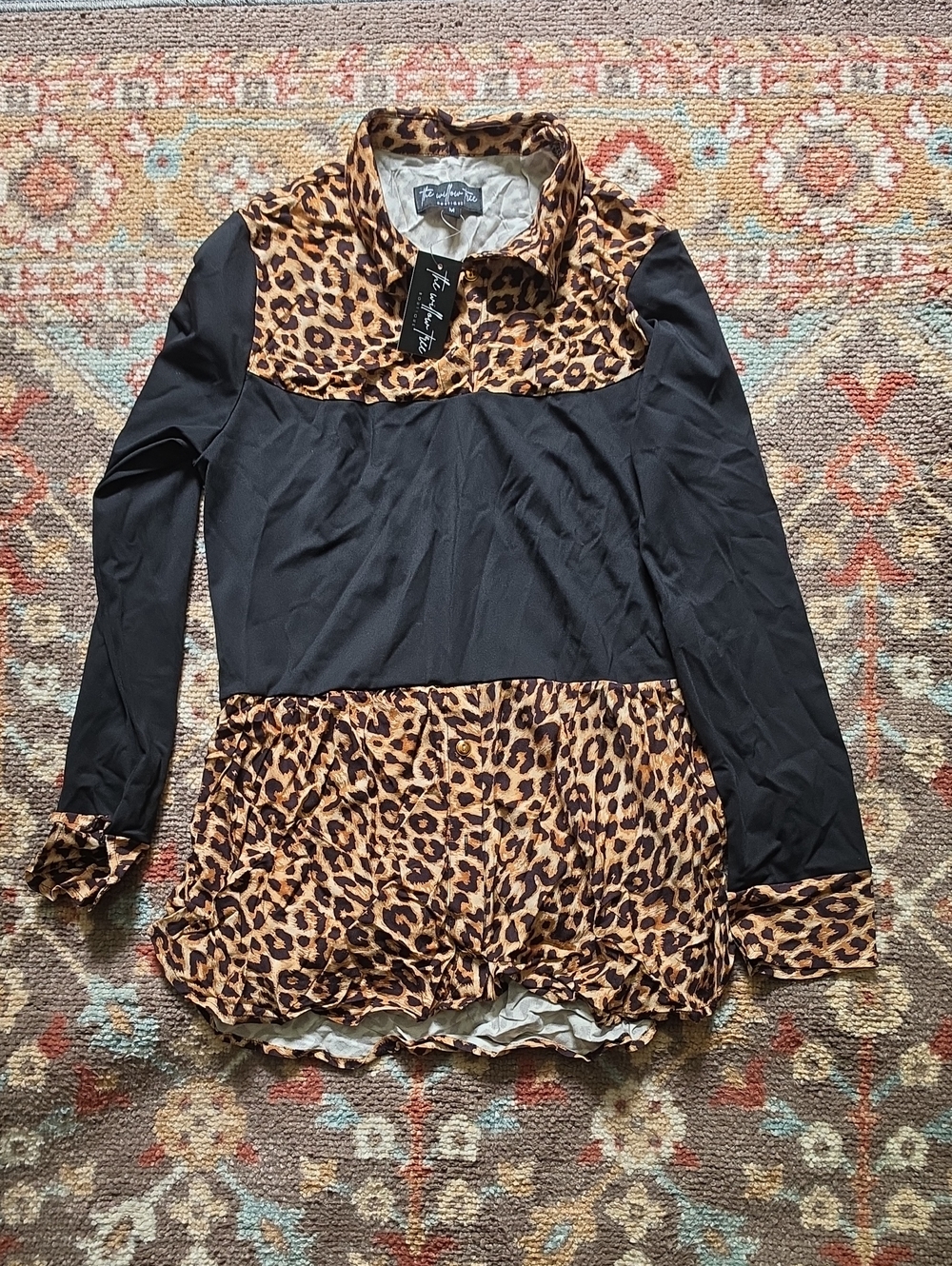 Leopard Print Paneled Black Long-Sleeve Top Willow Tree Medium